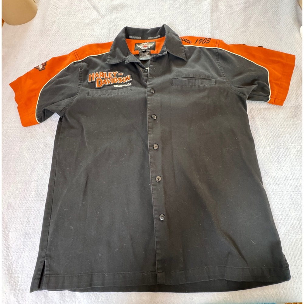 Harley-Davidson Mens Black Orange Embroidered Logo Mechanic Garage Shirt Medium